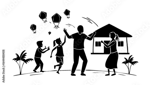 Family releasing sky lanterns together at night celebration vector illustration design art graphic