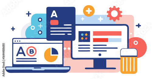 An illustration showing a laptop and a desktop computer with various business analytics and A/B testing dashboards, representing data analysis and digital marketing.