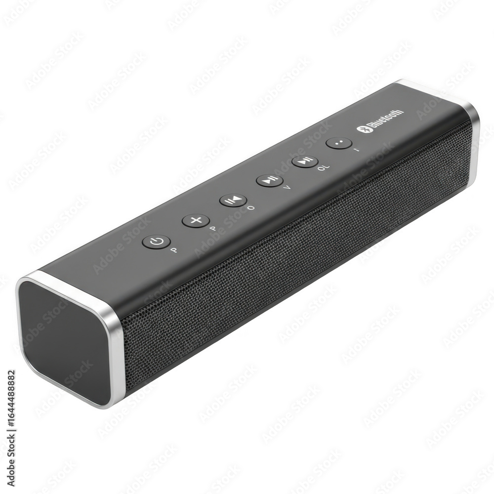 Obraz premium Illustration of portable black bluetooth speaker with metallic trim isolated on transparent background