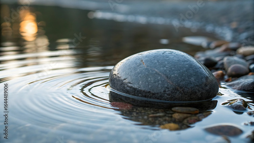 Wallpaper Mural A smooth dark stone rests gently in shallow water creating rippling circles with the soft glow of sunset reflected in the background Torontodigital.ca
