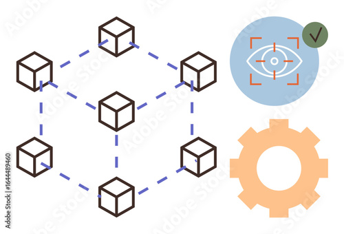 Network of connected cubes linked with dotted lines, security eye with check mark, orange gear. Ideal for technology, blockchain, cybersecurity, system reliability, innovation, digital processes