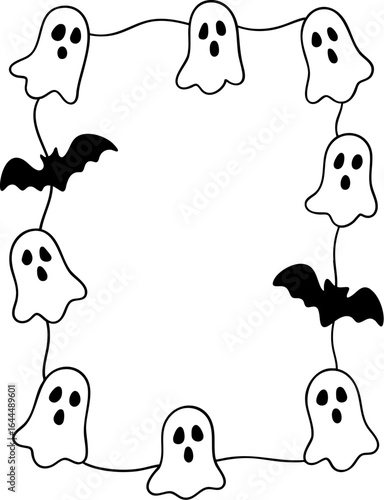 Halloween doodle borders and frames with ghost and bat shapes for festive decoration