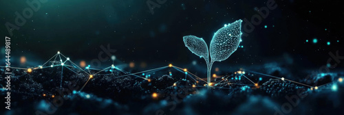 Futuristic digital plant sprout emerges from network of glowing lines, symbolizing growth and connectivity in a dark