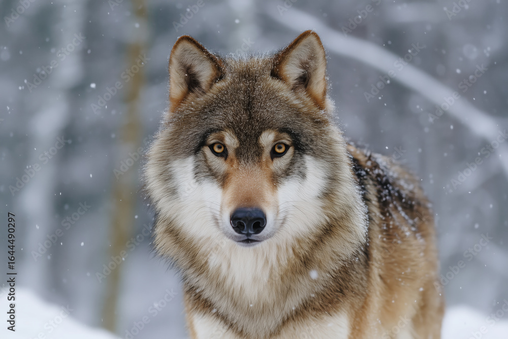 Obraz premium Majestic gray wolf portrait in a snowy winter forest