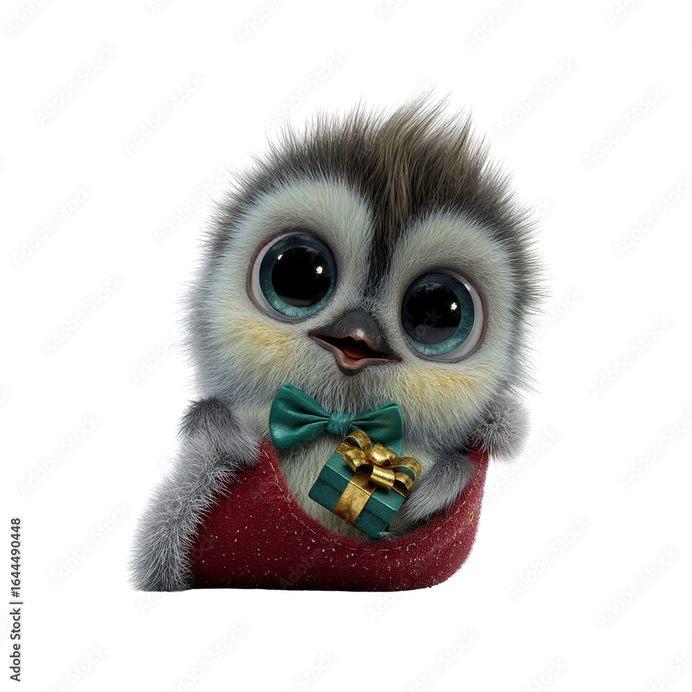Fototapeta premium Adorable Baby Penguin in Christmas Stocking with Gift
