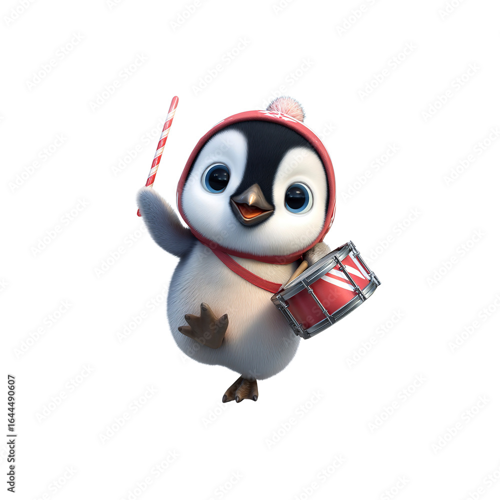 Obraz premium Adorable 3D Render of a Penguin Drummer Celebrating Christmas