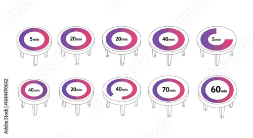 Modern graphic set of circular time progress indicators, depicting various time intervals and completion percentages, ideal for efficient project management and task tracking.