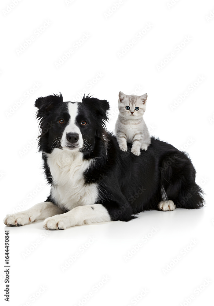 Fototapeta premium Border collie dog lying down with a cat on its back