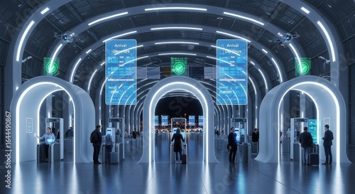 Passengers Navigating a Futuristic Airport with Glowing Arches and Biometric Scanners