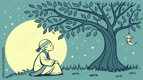 Meditative mindful man under tree at night with moon and stars vector art illustration graphic design