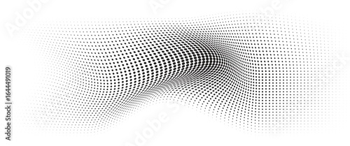 Flowing Wave Dot Halftone Pattern: Curve Gradient Shape on Transparent Background. Suitable for AI, Tech, Network, Digital, Science, and Technology Themes.