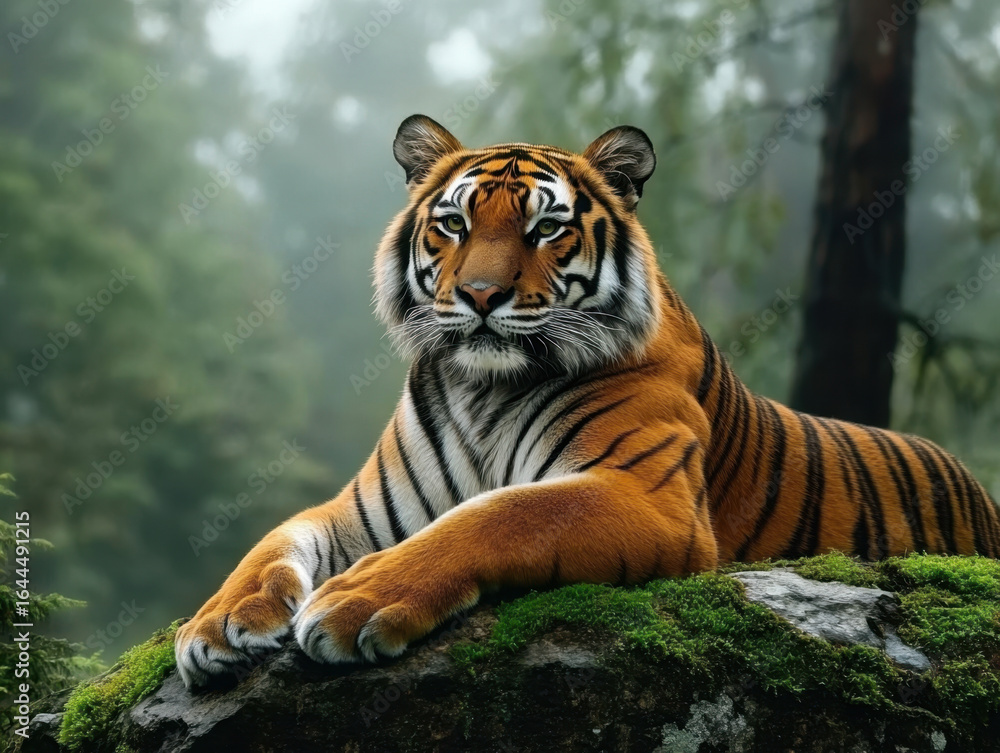 Obraz premium Tiger resting on mossy rock amid misty trees