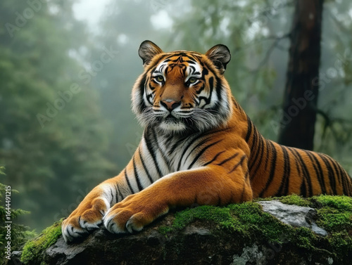 Tiger resting on mossy rock amid misty trees