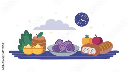 Ramadan iftar night food illustration with dates fruit and sweets for islamic holy month celebration design