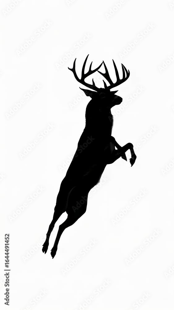 Black silhouette of a jumping deer with antlers extended on a white background Black silhouette of a jumping deer with antlers extended on a white background
