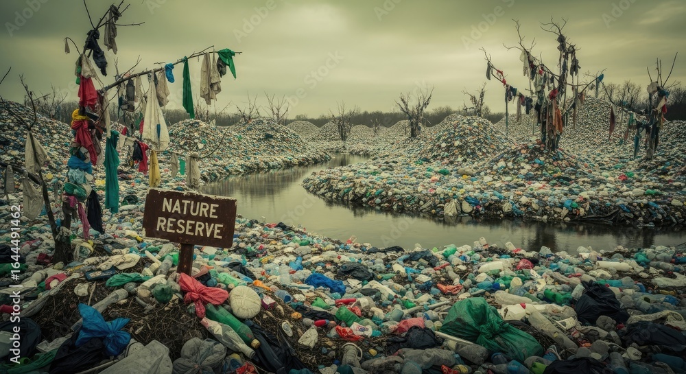 Fototapeta premium Ironic Nature Reserve: A Dystopian Landscape of Plastic Hills and Ragged Trees