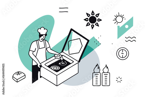 Chef using a solar oven to cook food outdoors on a sunny day