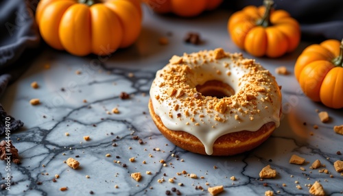 pumpkin spice donut on marble, halloween, no people, no text, no logo