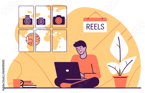 An illustration of a man working on a laptop while sitting on the floor, with camera icons and a globe on the wall, representing a content creator, videographer, or photographer.