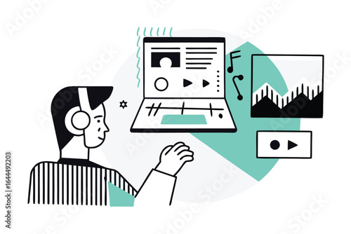 Man with headphones working on music production on a laptop with audio waveform visualization