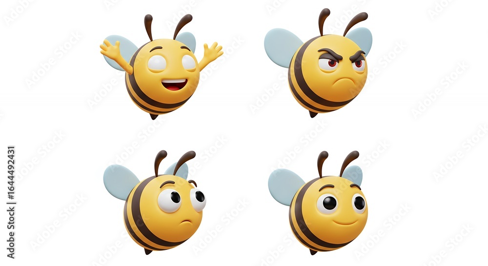 Naklejka premium Four cartoon bee characters with different expressions