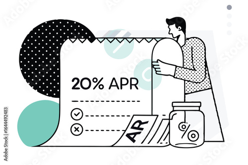 Man reviews a document showing 20 percent apr with a jar of money and abstract shapes