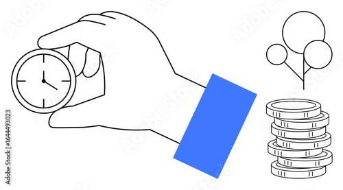 Hand gripping small clock, stack of coins, and three balloons outlining priorities and opportunities. Ideal for time management, productivity, financial growth, opportunity, balance, resource