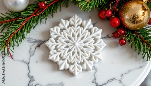 snowflake shaped coaster on marble, christmas, no people, no text, no logo
