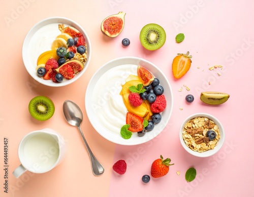 Wallpaper Mural Minimal flat lay of healthy breakfast with fruits and yogurt Torontodigital.ca