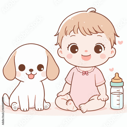 cartoon vector illustration of baby and dog