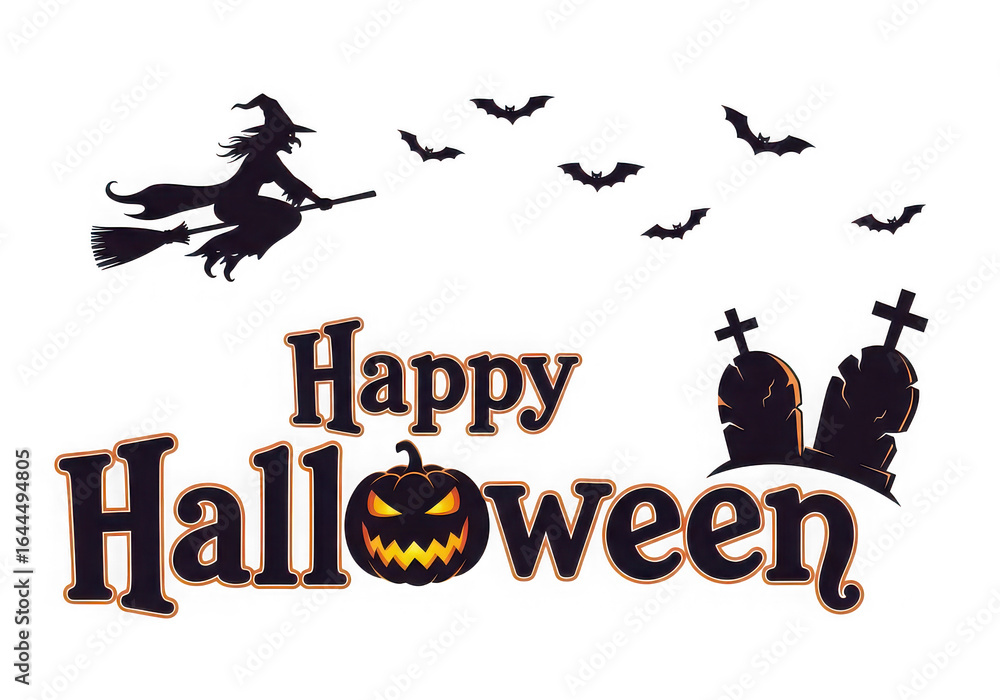 Fototapeta premium Spooky happy halloween text with witch and bats