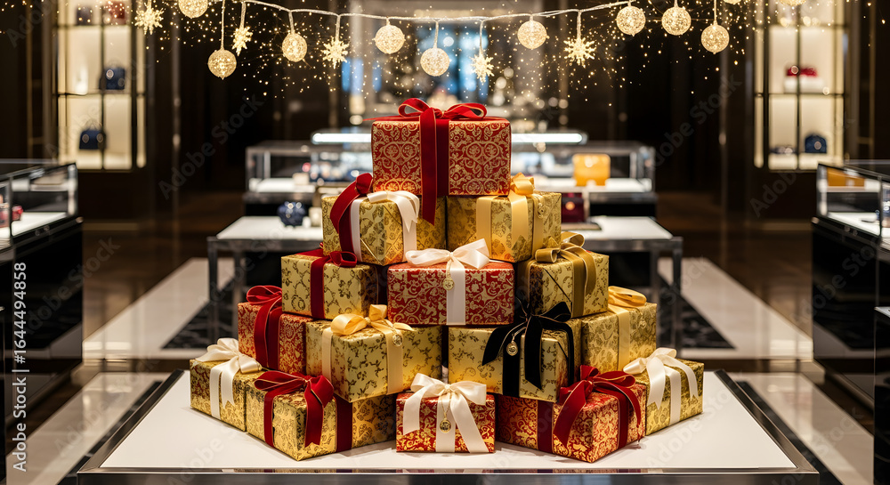 Fototapeta premium Stacked christmas gifts glow under decorative lights inside a luxury retail store. This festive image is perfect for holiday marketing materials and retail advertising campaigns.