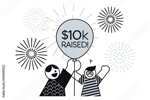 Two happy people celebrate raising ten thousand dollars with a balloon and fireworks