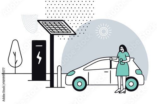 Woman charging electric car at solar powered station with futuristic design elements