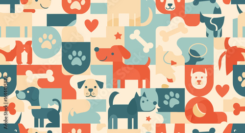 Seamless cute dog pattern featuring playful puppies, dog bones, paw prints, balls, dog houses, and grass elements in colorful cartoon style on a light background