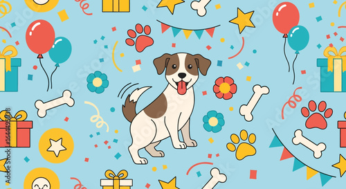 Seamless cute dog pattern featuring playful puppies, dog bones, paw prints, balls, dog houses, and grass elements in colorful cartoon style on a light background