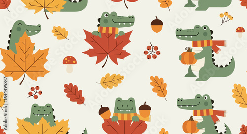 Seamless cute crocodile autumn pattern with adorable crocodiles wearing scarves, holding pumpkins, surrounded by fall leaves, acorns, berries, and mushrooms on a light background