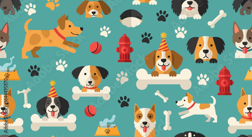 Seamless cute dog pattern featuring playful puppies, dog bones, paw prints, balls, dog houses, and grass elements in colorful cartoon style on a light background