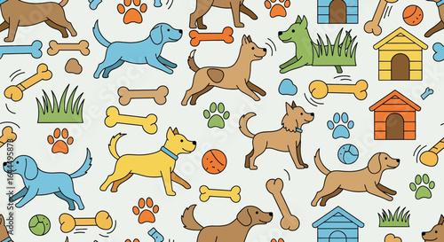 Seamless cute dog pattern featuring playful puppies, dog bones, paw prints, balls, dog houses, and grass elements in colorful cartoon style on a light background