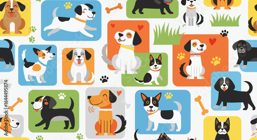 Seamless cute dog pattern featuring playful puppies, dog bones, paw prints, balls, dog houses, and grass elements in colorful cartoon style on a light background