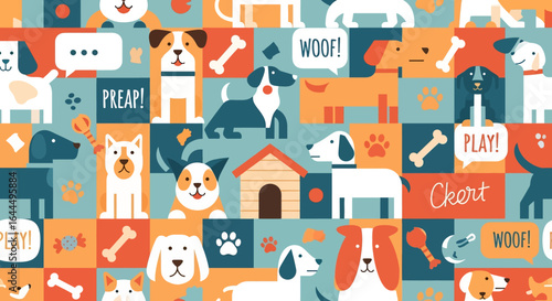 Seamless cute dog pattern featuring playful puppies, dog bones, paw prints, balls, dog houses, and grass elements in colorful cartoon style on a light background