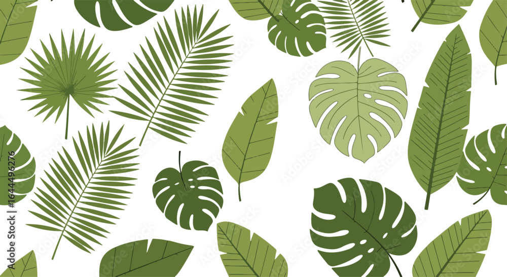 Fototapeta premium Seamless tropical foliage pattern featuring lush green monstera, banana, palm, and fern leaves with subtle pink flowers, creating an exotic botanical design on a clean white background