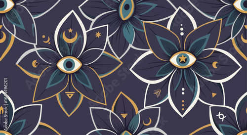 Seamless mystical floral pattern with vibrant blue, purple, and green flowers featuring all-seeing eyes, celestial stars, moons, and planets on a dark night sky background