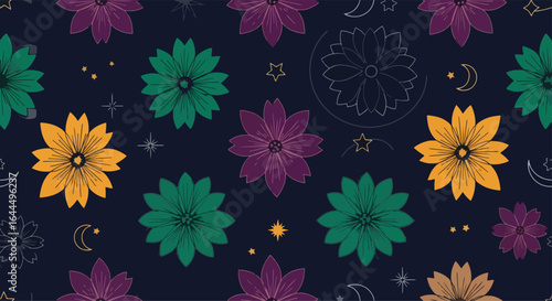 Seamless mystical floral pattern with vibrant blue, purple, and green flowers featuring all-seeing eyes, celestial stars, moons, and planets on a dark night sky background