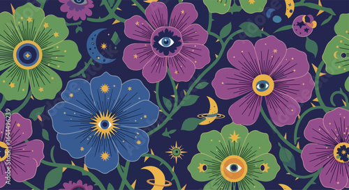 Seamless mystical floral pattern with vibrant blue, purple, and green flowers featuring all-seeing eyes, celestial stars, moons, and planets on a dark night sky background