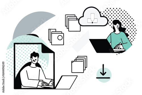 Modern illustration of people working with digital documents and cloud storage