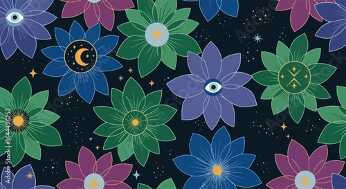 Seamless mystical floral pattern with vibrant blue, purple, and green flowers featuring all-seeing eyes, celestial stars, moons, and planets on a dark night sky background
