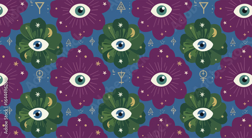 Seamless mystical floral pattern with vibrant blue, purple, and green flowers featuring all-seeing eyes, celestial stars, moons, and planets on a dark night sky background