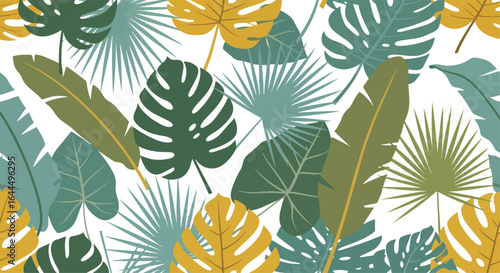 Seamless tropical foliage pattern featuring lush green monstera, banana, palm, and fern leaves with subtle pink flowers, creating an exotic botanical design on a clean white background