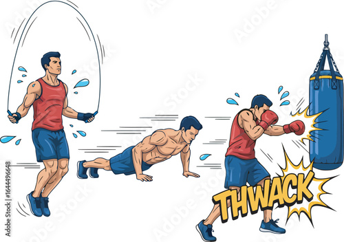 A man's intense workout routine: jump rope, push-ups, and punching bag.